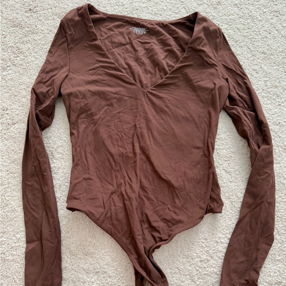 ShaperX Deep Brown Long Sleeve  V-Neck Bodysuit